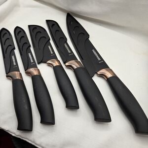 Farberware Set Of 5 Black and Copper Knives With Sheaths